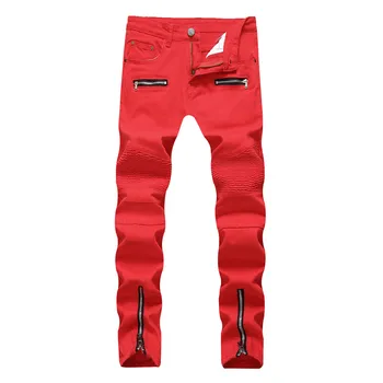 Modes Vīriešu Slim Fit Džinsi Red Jeans Homme Rāvējslēdzēju Lidot Bikses Mehānisko Biker Džinsi Hip Hop Bikses Taisni Streetwear