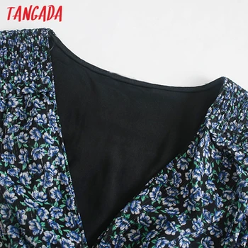 Tangada Modes Sieviešu Ziedi Drukāt Šifona Kleita ar V veida Kakla garām Piedurknēm Vidukļa Strethy Mini Kleita 5Z244