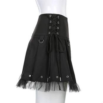SUCHCUTE Gothic Black Modis Zip Up Mini Svārki Sievietēm Tumši Augstskolu Estētisko Īsi Svārki Sieviešu Puses Tērpiem Mežģīnes Up Saia
