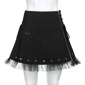 SUCHCUTE Gothic Black Modis Zip Up Mini Svārki Sievietēm Tumši Augstskolu Estētisko Īsi Svārki Sieviešu Puses Tērpiem Mežģīnes Up Saia