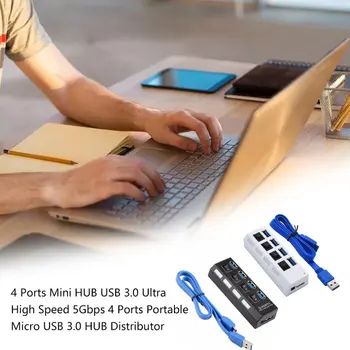Mini USB 3.0 HUB Super Ātrums 5Gbps 4 Porti Portatīvo Mikro USB 3.0 HUB Sadalītājs Ar Ārējās Barošanas Adapteris DATORU Piederumi