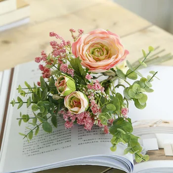 Zīda Rožu Mākslīgo Ziedu Eikalipta Ogu Hibrīda Rožu Pušķi, Kāzu Pušķi, Viltus Ziedu DIY Mājās Partijas Apdare