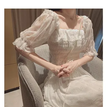 Franču Vasaras Kleita Sievietēm White Puff Piedurknēm Korejiešu Stilā Pasaku Kleitu Mežģīnes, Šifons Japānas Stila Kawaii Elegants Vintage Kleita 2020