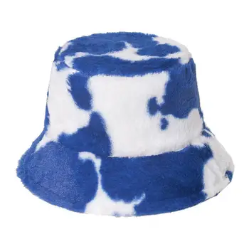 Sieviešu Ziemas Siltā Sabiezēt Pūkains Plīša Spaiņa Cepuri Vintage Piena Govs Iespiesti Platām Malām, Sauļošanās Packable Panamas Zvejnieks Klp