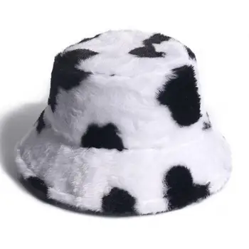 Sieviešu Ziemas Siltā Sabiezēt Pūkains Plīša Spaiņa Cepuri Vintage Piena Govs Iespiesti Platām Malām, Sauļošanās Packable Panamas Zvejnieks Klp