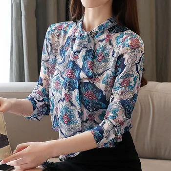 Modes Sievietes BowTops Korejiešu Stilā Sievietēm Ar Garām Piedurknēm Krekls Drukas Zaudēt Šifona Blūze Birojs Dāmu Apģērbu Blusas 8401 50