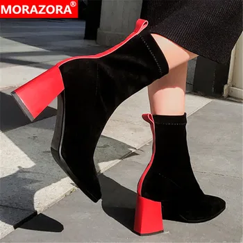 MORAZORA 2020 augstākās kvalitātes potītes zābaki sieviešu zamšādas ādas +īstas ādas augstpapēžu kurpes, modes Stiept zābaki sieviešu