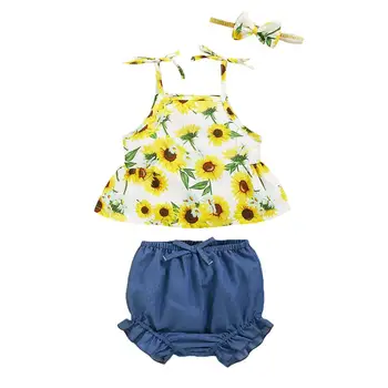 Karstā Pārdošanas Vasarā Baby Girl Apģērbu 3-24 Mēneši Jaundzimušo Bērnu Apģērbs, Ziedu Iespiesti Bez Piedurknēm, Vestes Top Džinsa Bikses Galvu Komplekts
