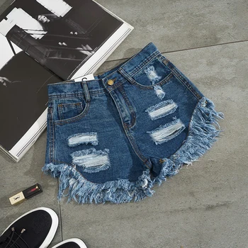 CamKemsey Pamata Vasaras Džinsa Bikses Sieviešu Modes Ripped Caurumi Casual Cuffed Augsta Vidukļa Blue Jeans Karstā Bikses