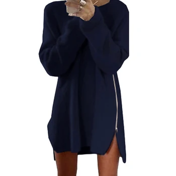 Elegants Rudens Sieviešu Cietā Krāsas, ar garām Piedurknēm ar Rāvējslēdzēju, Šķeltas Malas Brīvs Džemperis Kleita Plus Izmēra 5XL Džemperi O-veida kakla Silts Džemperis Sievietēm