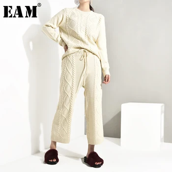 [EAM] ir 2021. Modes Jauns Pavasara korejas Zaudēt Kārta Necklong Piedurknēm Adīšanas Top + Bikses Sabiezējums Divi Gabali Džemperis Uzstādīt AS116