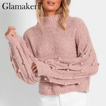 Glamaker Rozā augstu uzrullētu apkakli ziemas sweatwer sieviešu laternu piedurknēm ikdienas džemperis džemperis modes 2020. gadam silts īss retro dāmas džemperis