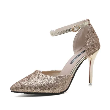 MHYONS Elegantas dāmas shinning spīguļi, zelts, sudrabs sūkņi 2020. gadam sexy norādīja toe augstiem papēžiem potītes siksniņu, kāzu kurpes sieviete