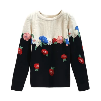 Vintage Izšūti Ziedu Adīt Džemperi Sieviešu Džemperis 2020 