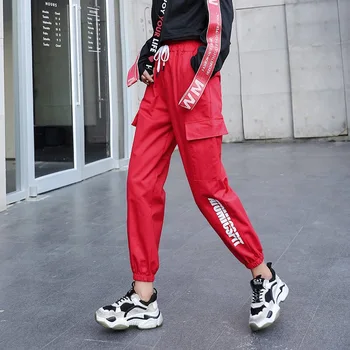Kabatas Izkaisītas Sarkanas Kravas Bikses Sievietēm Streetwear Augsto Vidukli, Sporta Bikses Gadījuma Korejiešu Stilā, Bikses Joggers Sieviešu Apģērbu