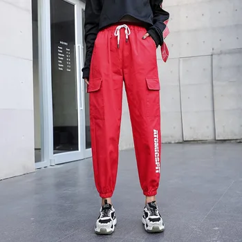 Kabatas Izkaisītas Sarkanas Kravas Bikses Sievietēm Streetwear Augsto Vidukli, Sporta Bikses Gadījuma Korejiešu Stilā, Bikses Joggers Sieviešu Apģērbu