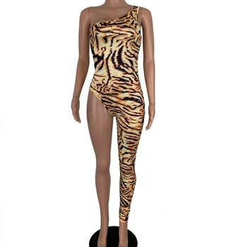 Tiger Drukāt Slash Kakla Spraugas Piedurknēm Sexy Jumpsuit Rudens Ziemas Sievietes Streetwear Slim Mazāk Kāju Šūšanas Dizaina Apģērbu Ķermeņa