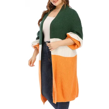 Plus Size Jaciņa Sievietēm Bieza Adīta Ziemas Džemperis Kleita Boho 2020. Gadam Silts Rudens Apģērbu Zaļā Oranži Svītrains Lielgabarīta