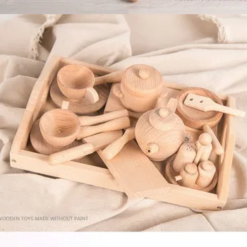 Bērnu mēbeles virtuves rotaļlietas koka kastē imitācijas virtuves piederumi galda piederumi galda piederumi rotaļlietas, mazas meitenes pārtikas dāvanu rotaļlietas