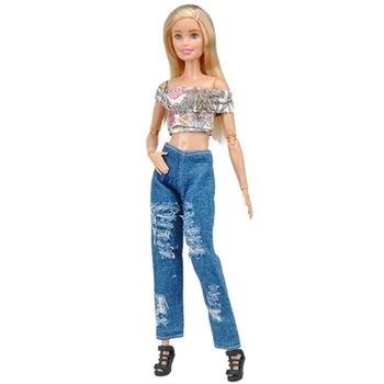 5Set Modes Apģērbs Par Barbie Lelle Īss Top & Džinsa Bikses Bikses ar rokām Darinātas drēbītes Barbie leļļu Namiņš 1/6 Leļļu Piederumi