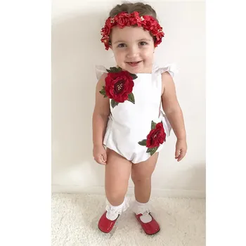 Vasaras 2018 Jaundzimušā bērna Baby Girl Ziedu izšuvumu Romper Cietā Balta Mežģīņu Romper Sunsuit Jumpsuit Tērpiem