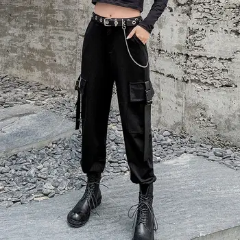 Kāju Kravas Bikses sieviešu ins zaudēt korejiešu studentu slim augsta vidukļa gadījuma bikses Liela black kabatas Harēma Bikses femme pantalon