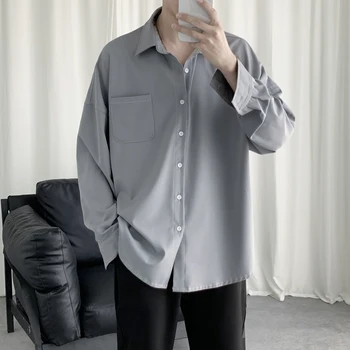 2019 Modes Vīriešu Krekls Ar Garām Piedurknēm Korejiešu Stilā Ulzzang Topstitched Dizaina Cietā Iela Valkāt Vīriešu Kreklus