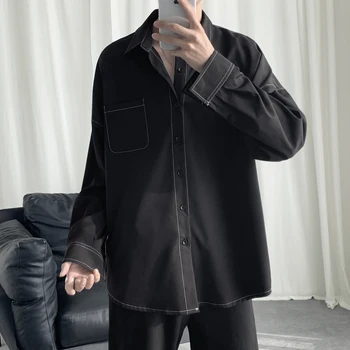 2019 Modes Vīriešu Krekls Ar Garām Piedurknēm Korejiešu Stilā Ulzzang Topstitched Dizaina Cietā Iela Valkāt Vīriešu Kreklus