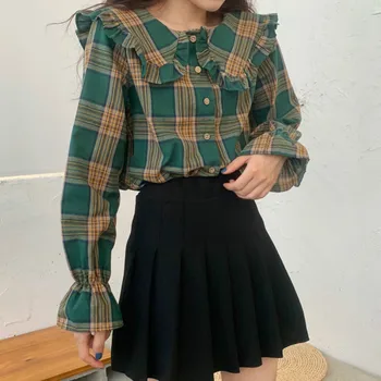 Deeptown Korejiešu Stilā Pleds Krekls Sieviešu Modes 2020. Gadam Savirmot Pogu Up Krekls Ar Garām Piedurknēm, Elegants Topi Brīvs Lelle Apkakles Blūze