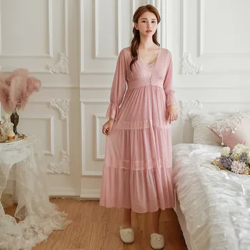 Mīksts Modāla 2 Gabali Sieviešu Tērpu Komplekti, Pavasara Rudens Vintage Princese Marli Ilgi Sleepwear Meitenes Daudzpakāpju Nakts Kleita Mājas apstākļos