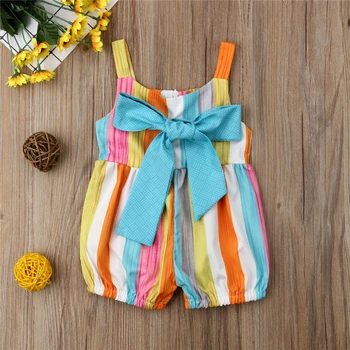 Jaundzimušo Vasaras Jumpsuit Apģērbs, Apģērbu Gudrs Krāsains Svītrainām Piedurknēm Kokvilnas Vasaras Gadījuma Baby Girl Siksna Romper Bowknot