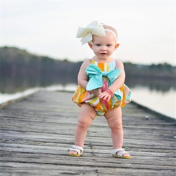 Jaundzimušo Vasaras Jumpsuit Apģērbs, Apģērbu Gudrs Krāsains Svītrainām Piedurknēm Kokvilnas Vasaras Gadījuma Baby Girl Siksna Romper Bowknot