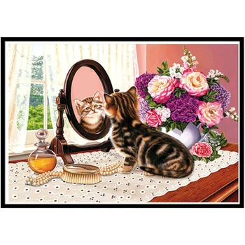 5D dimanta glezniecības pilnībā dimanta kaķis meklē spogulis apaļā dimanta mozaīkas modelis mājas apdare DIY roku darbs