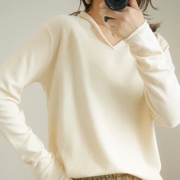 Rudenī adīšanas džemperis sievietēm gadījuma stiept viltus pārsega v-veida kakla apkakles moderns, stilīgs sieviešu džemperis gada rudenī, pavasarī topi