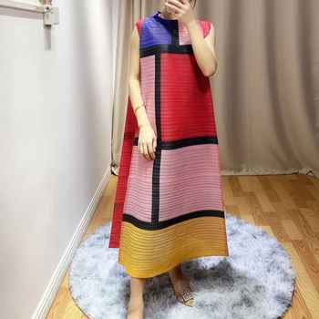 2020. gada pavasarī un vasarā liela izmēra bija plānas sieviešu kleita Eiropā Stacijas Modes Colorblock Pleds Akordeons Kroku Sieviešu Kleita