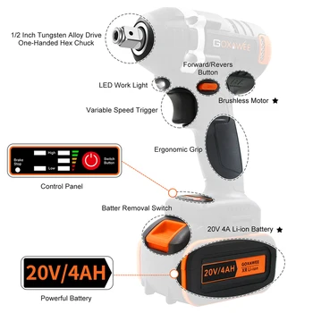 GOXAWEE 20V Brushless Bezvadu Elektriskā Uzgriežņu atslēgas Ietekmes Vadītāja Socket Uzgriežņu atslēgu 4000mAh Akumulators Rokas Urbšanas Iekārtas elektroinstrumenti