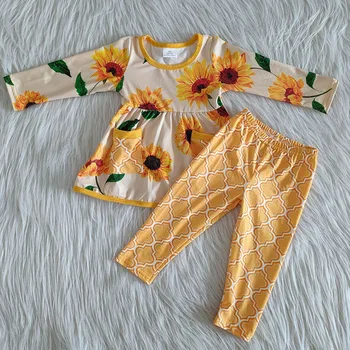 Vairumtirdzniecības modes bērni saulespuķu apģērbs mazulim meitenes ziedu kabatas legging bikses kopa zīdaiņu toddle boutique bērnu apģērbs