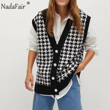 Nadafair Vintage Houndstooth Veste Jaka Sieviešu V Kakla Džemperis Bez Piedurknēm 2020 Rudens Ziemas Melna Trikotāžas Gadījuma Džemperi