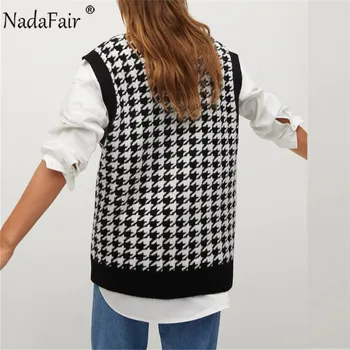 Nadafair Vintage Houndstooth Veste Jaka Sieviešu V Kakla Džemperis Bez Piedurknēm 2020 Rudens Ziemas Melna Trikotāžas Gadījuma Džemperi