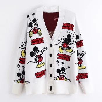 Balts Sarkans Adīti Džemperi Disney Mickey Mouse Jakas, Topi Pogu Garām Piedurknēm Džemperi Biroja Dāma Gadījuma Sieviešu Drēbes Dāma